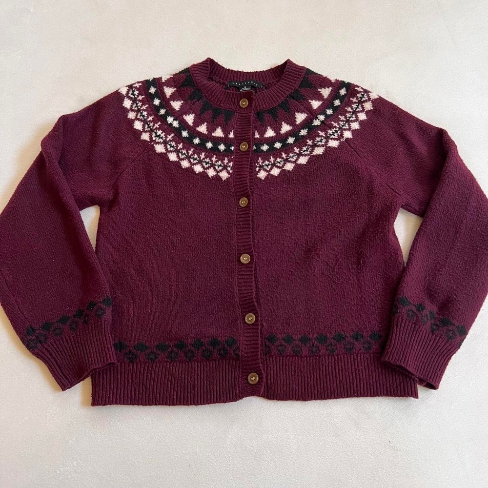 Sanctuary Burgundy Wine Button Up Sweater geometric yoke pattern embellished